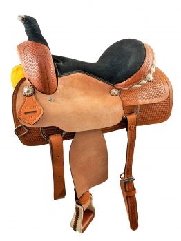 16" Medium Oil Roper Style saddle with rough out fenders &amp; jockeys with basket stamp tooling and black suede seat